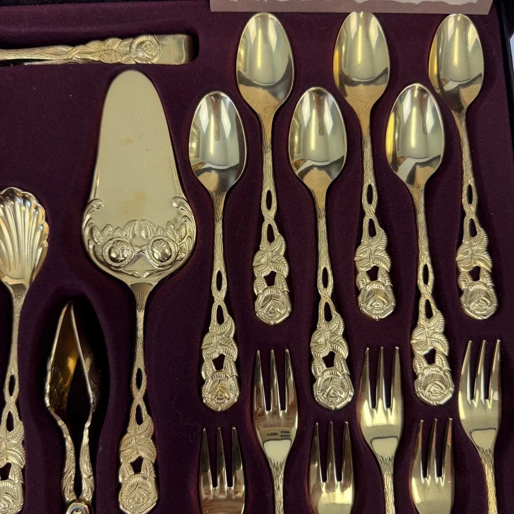Solingen 23/24K Gold Plated Hostess Flatware Set 28pc Rose Pattern West Germany